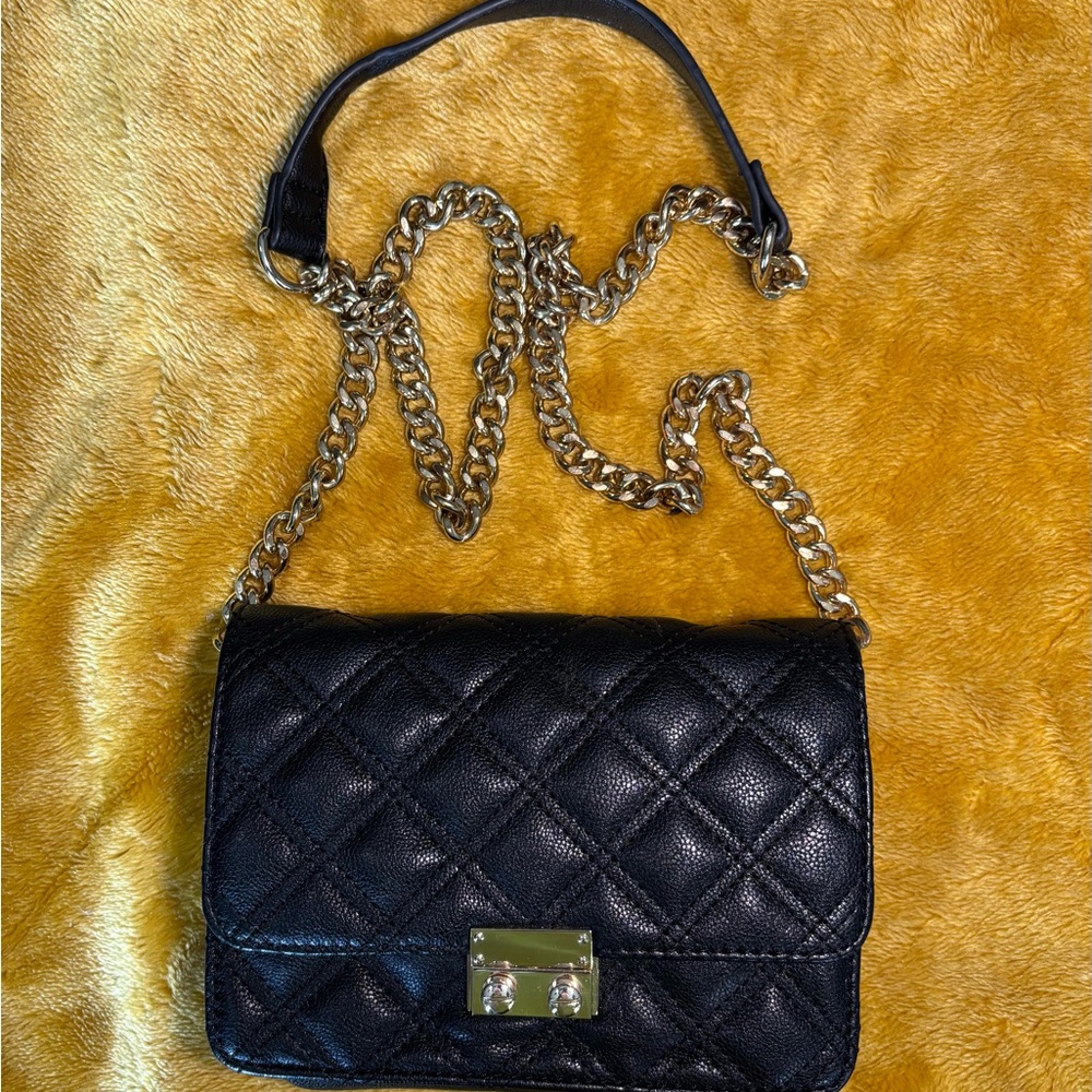 Black and Gold Quilted Crossbody Bag with Chain Strap